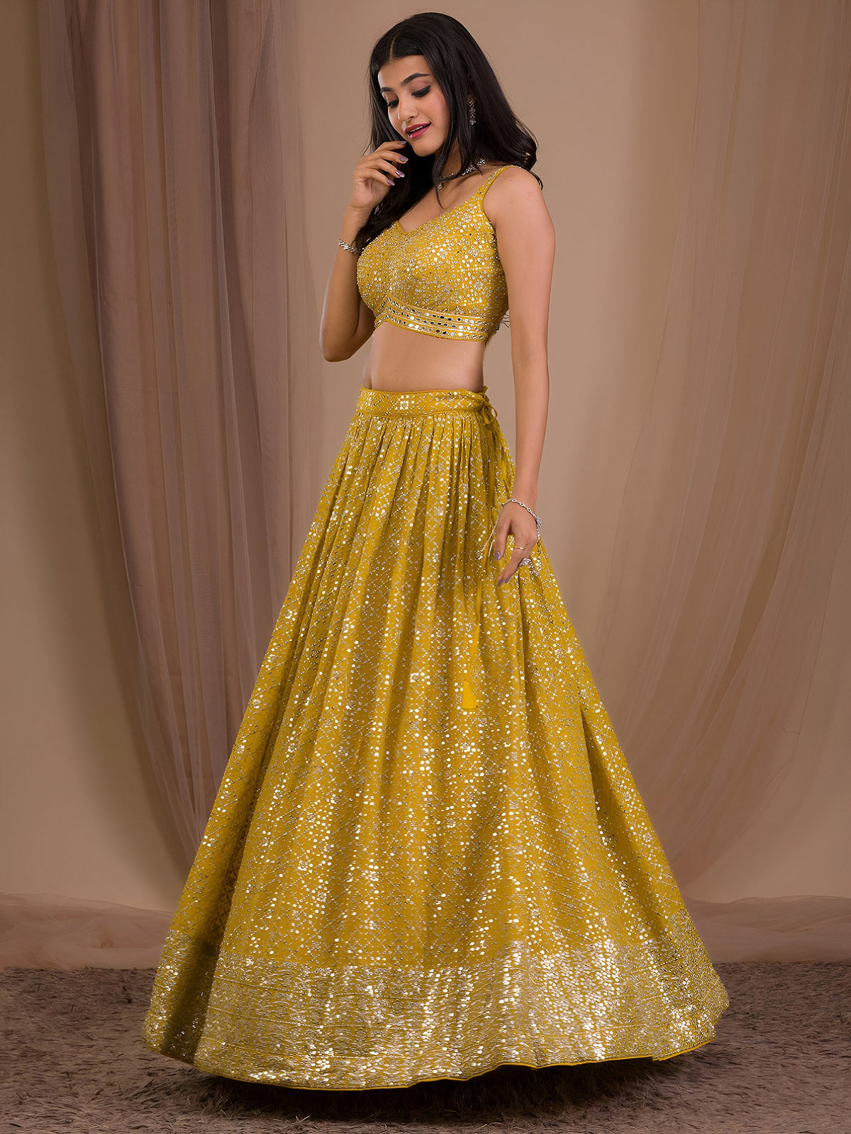 Yellow Heavy Zari & Sequins Work Bridesmaid Lehenga for Haldi