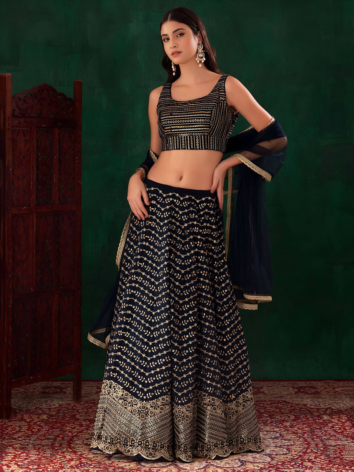 Blue Heavy Sequins & Zari Embroidered Georgette Lehenga Choli