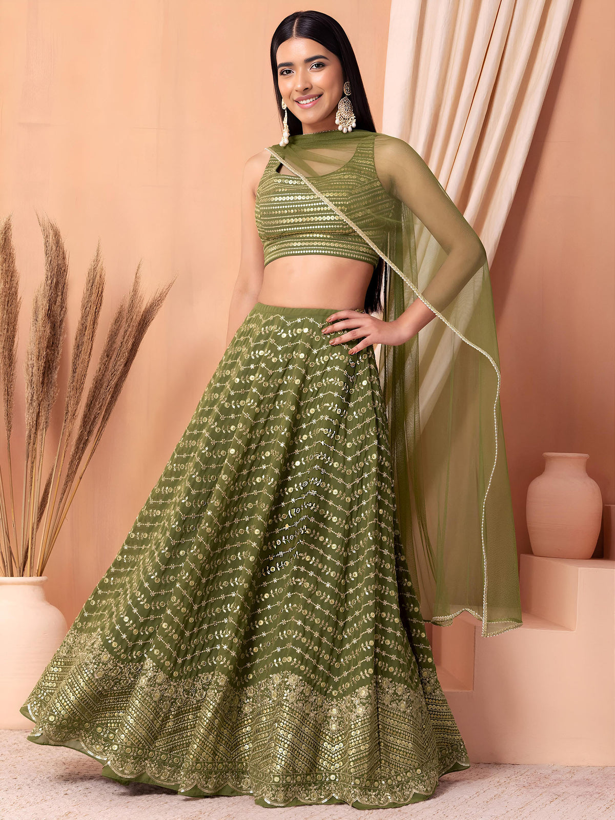 Green Heavy Zari & Sequins Work Wedding Guest Lehenga for Mehendi