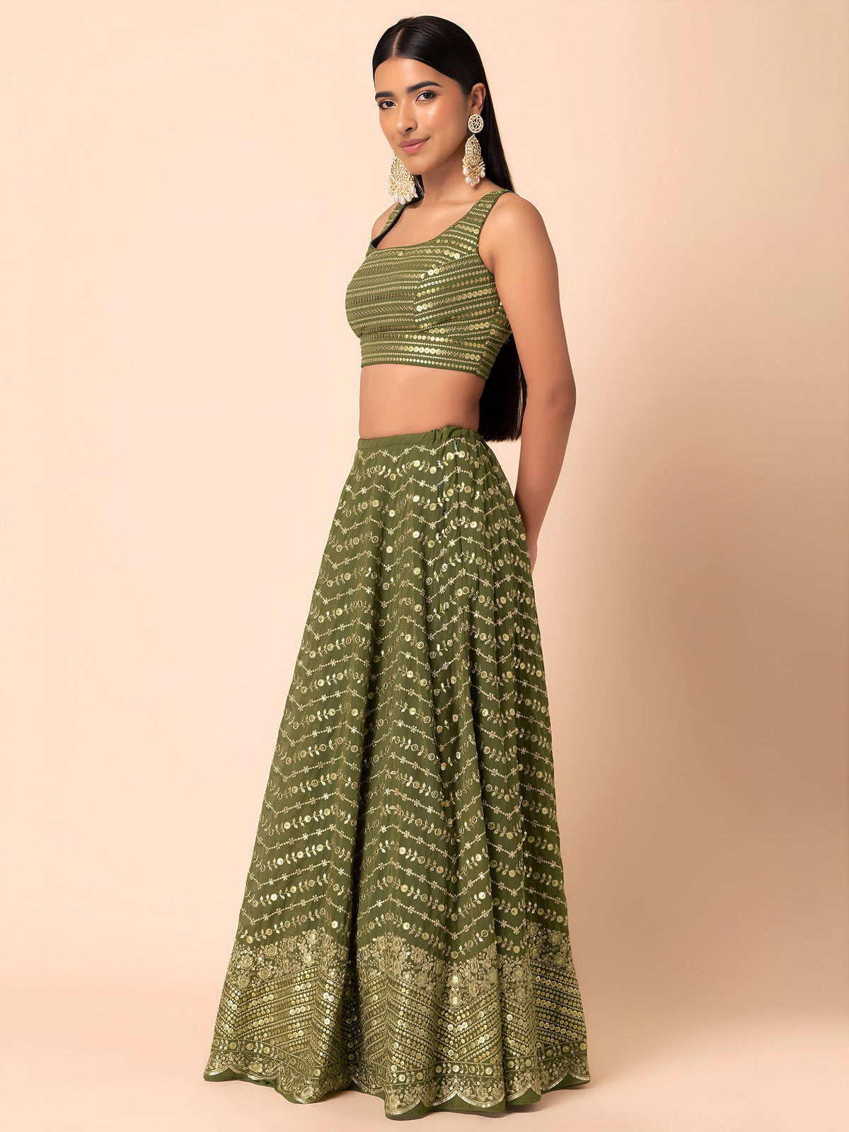 Green Heavy Zari & Sequins Work Wedding Guest Lehenga for Mehendi