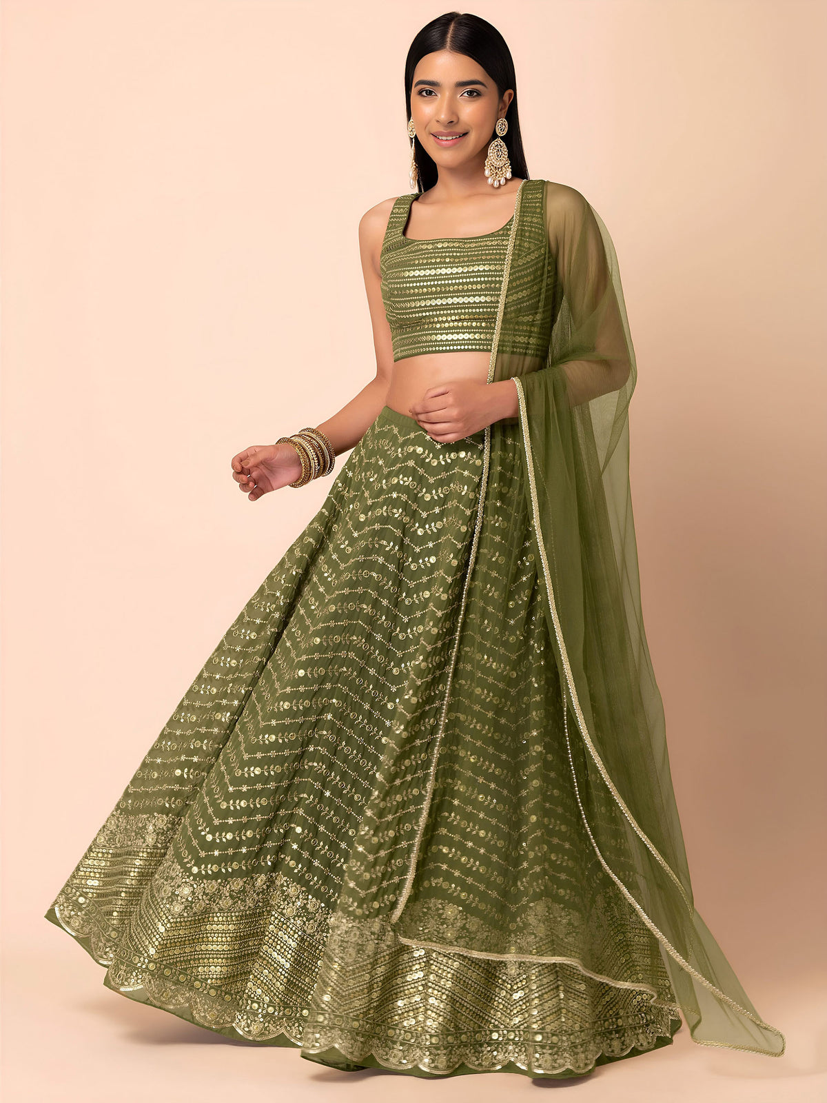 Green Heavy Zari & Sequins Work Wedding Guest Lehenga for Mehendi
