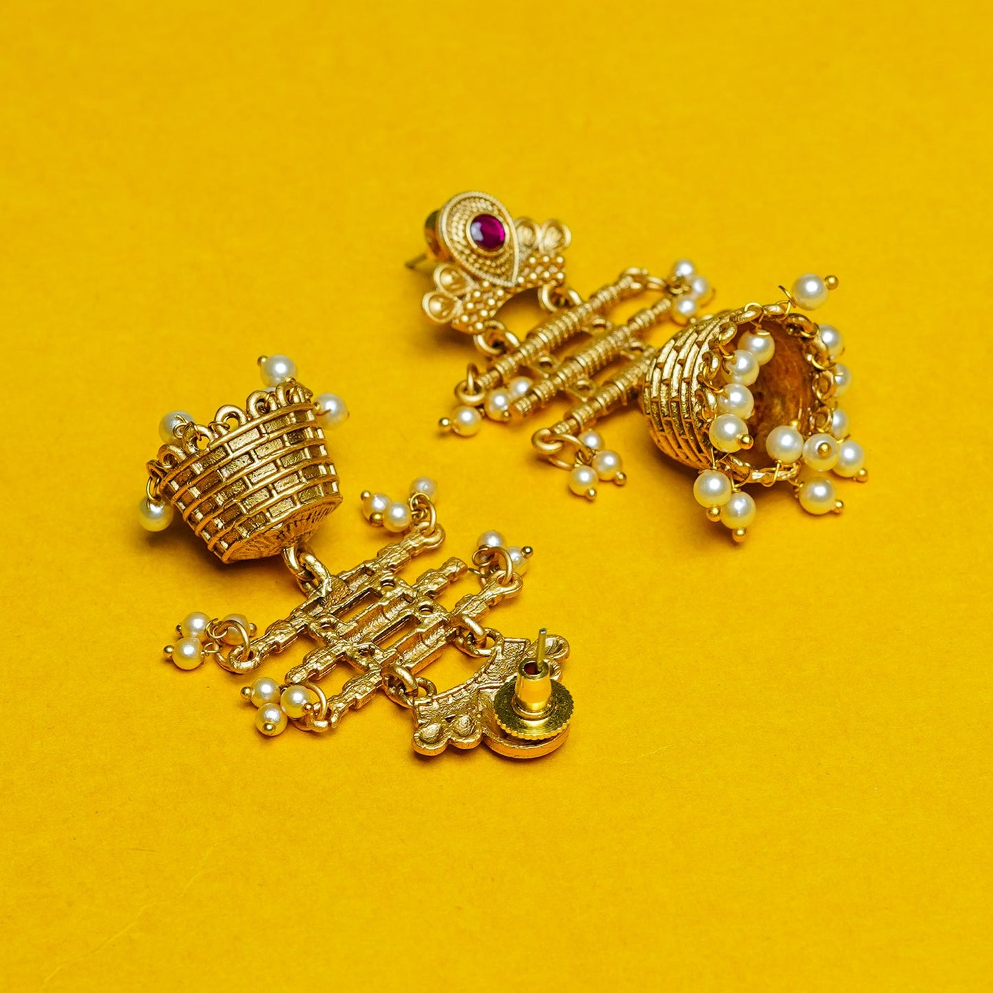 Zevar Club 18K Gold-Plated Green Kundan Studded Layered Traditional Jhumka Earrings with Pearls