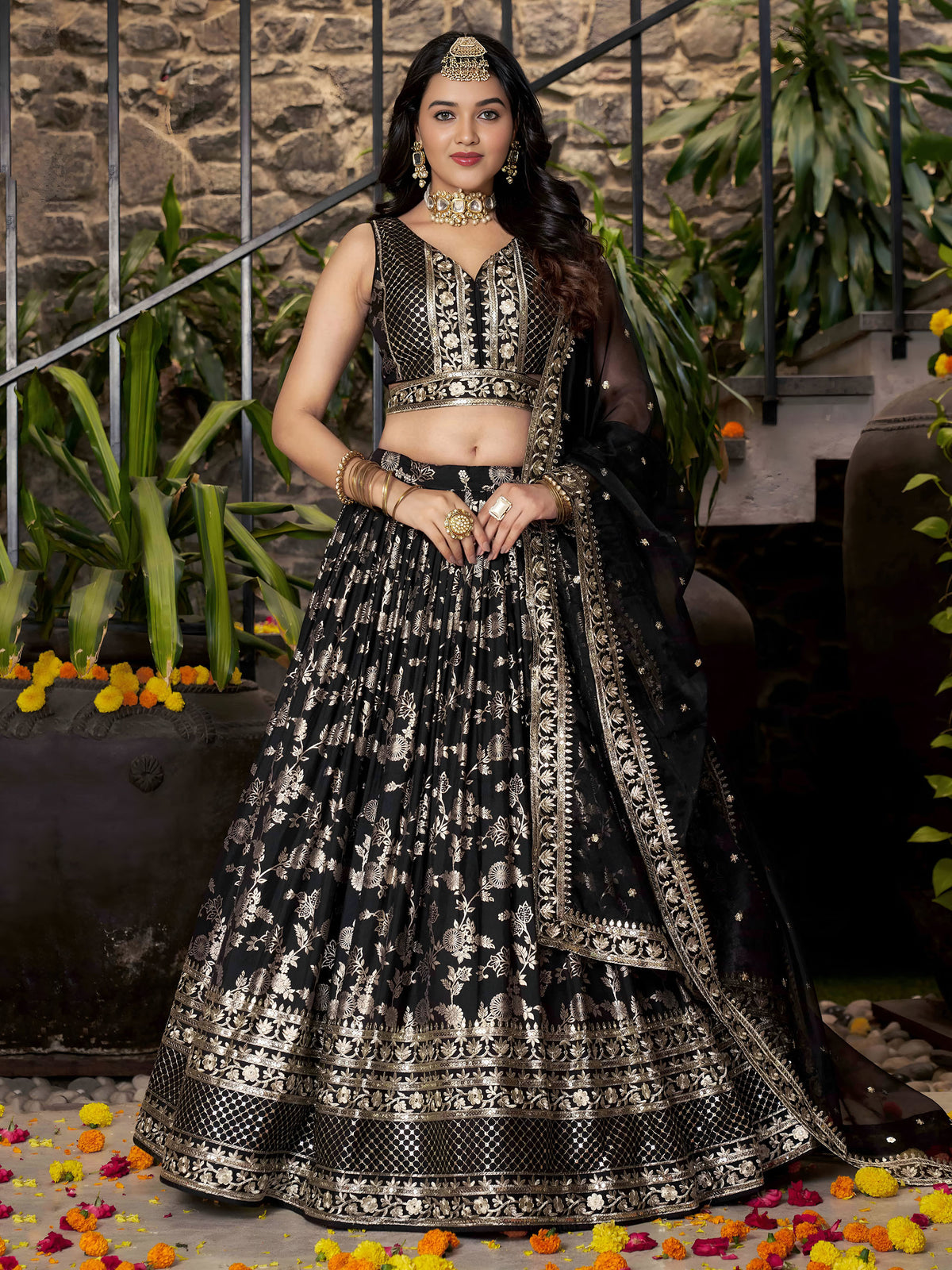 Black Zari Embroidery Dola Silk & Jacquard Festive Lehenga Choli