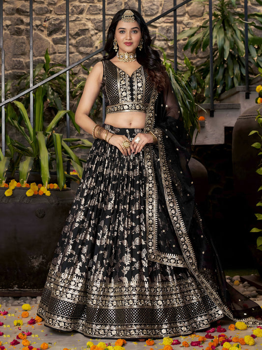 Black Zari Embroidery Dola Silk & Jacquard Festive Lehenga Choli