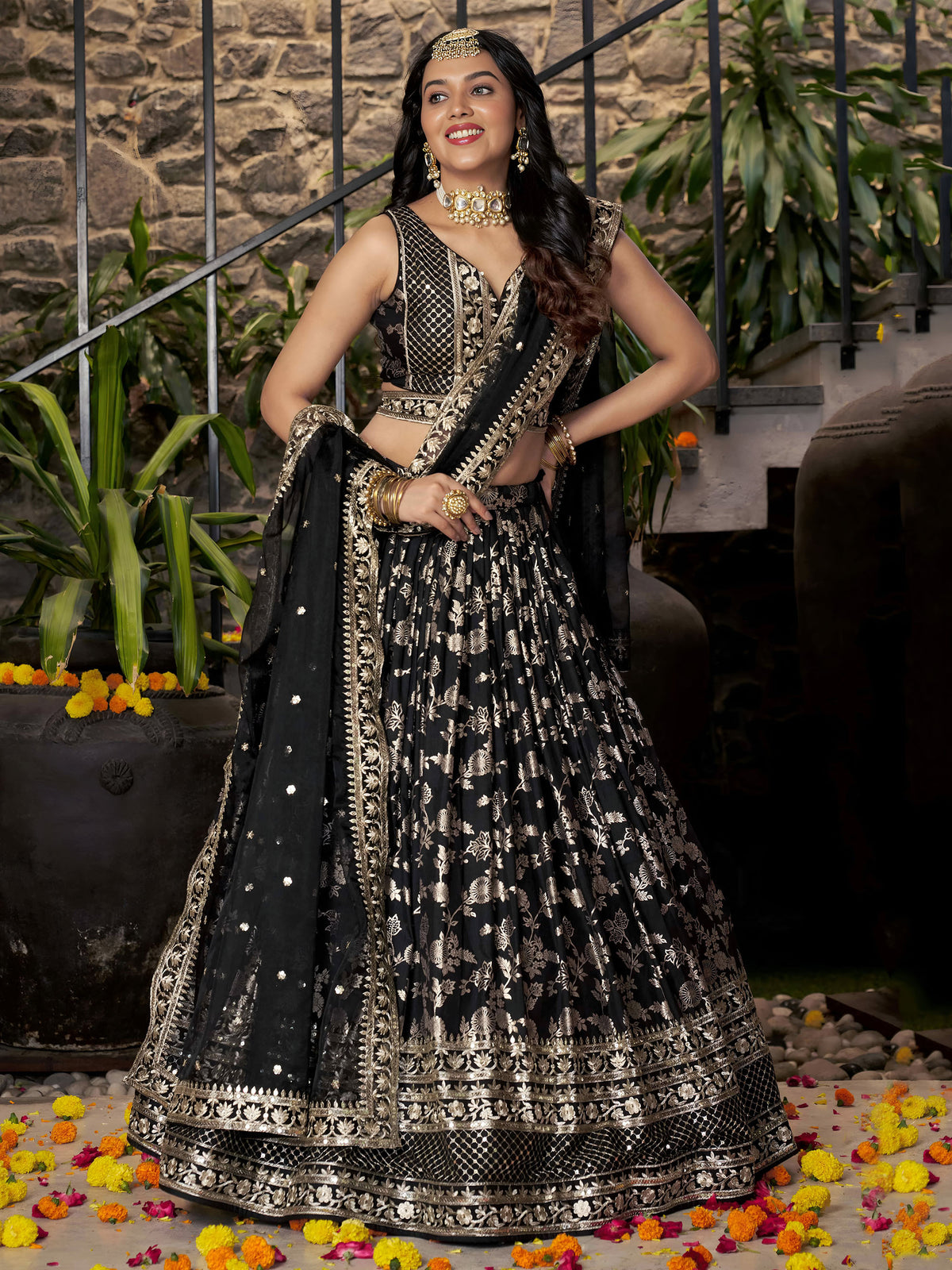 Black Zari Embroidery Dola Silk & Jacquard Festive Lehenga Choli