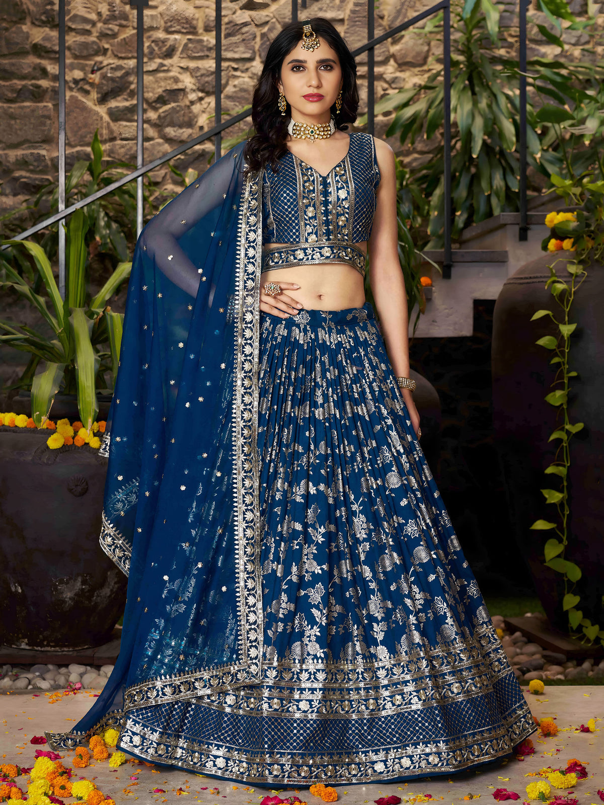 Blue Zari Embroidery Dola Silk & Jacquard Bridesmaid Lehenga Choli