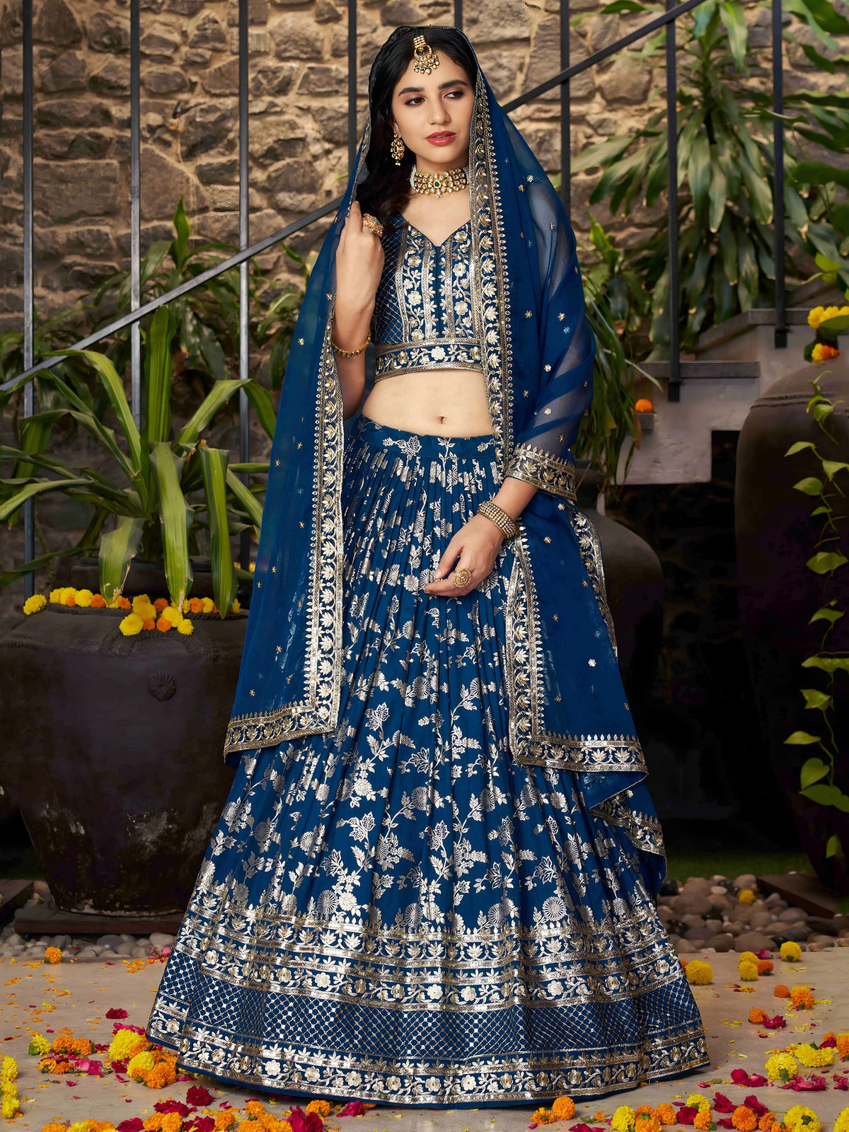 Blue Zari Embroidery Dola Silk & Jacquard Bridesmaid Lehenga Choli