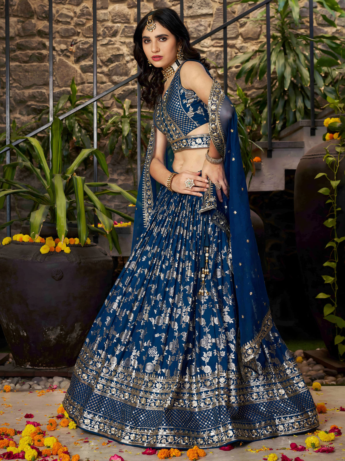 Blue Zari Embroidery Dola Silk & Jacquard Bridesmaid Lehenga Choli
