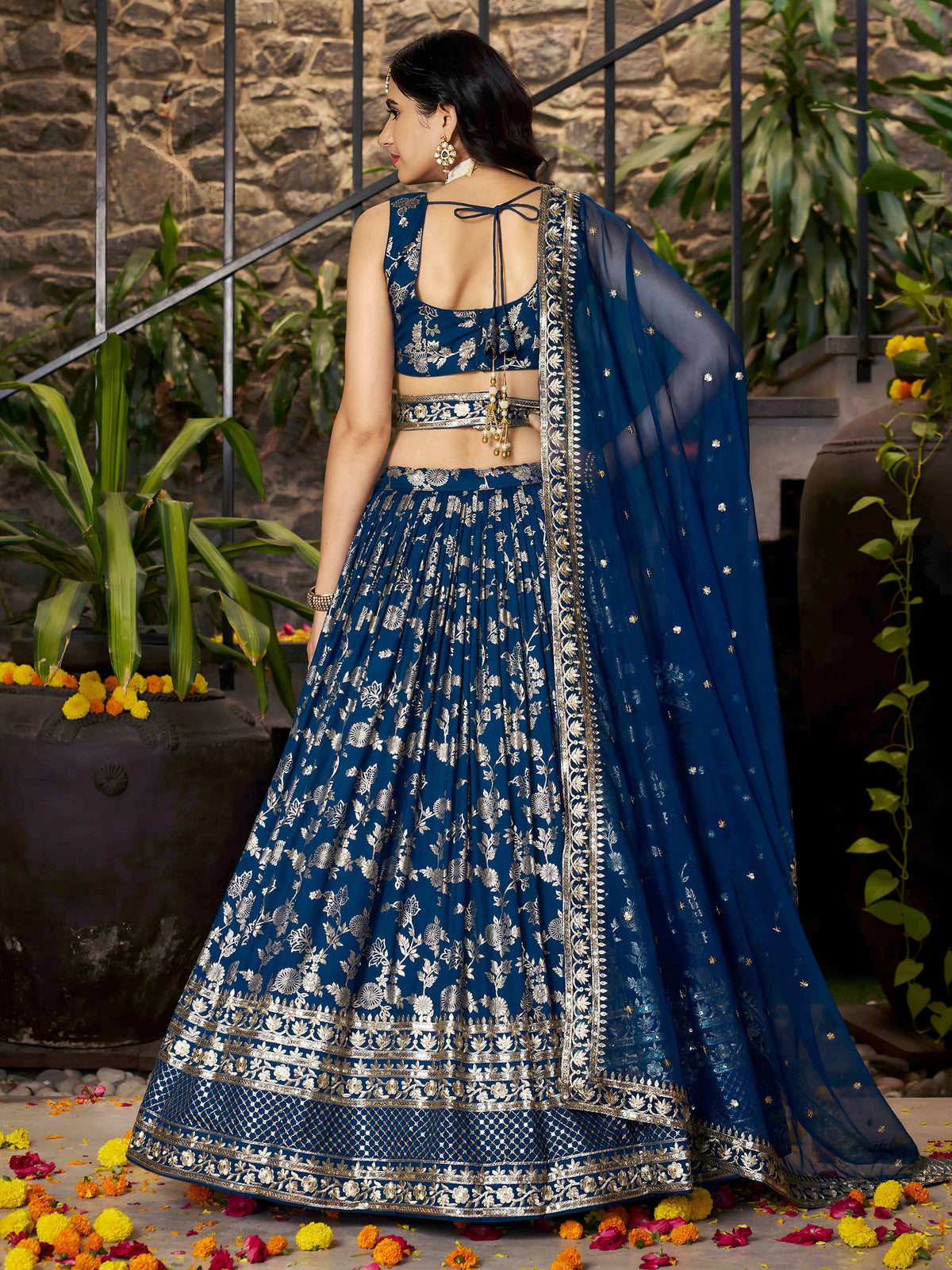 Blue Zari Embroidery Dola Silk & Jacquard Bridesmaid Lehenga Choli