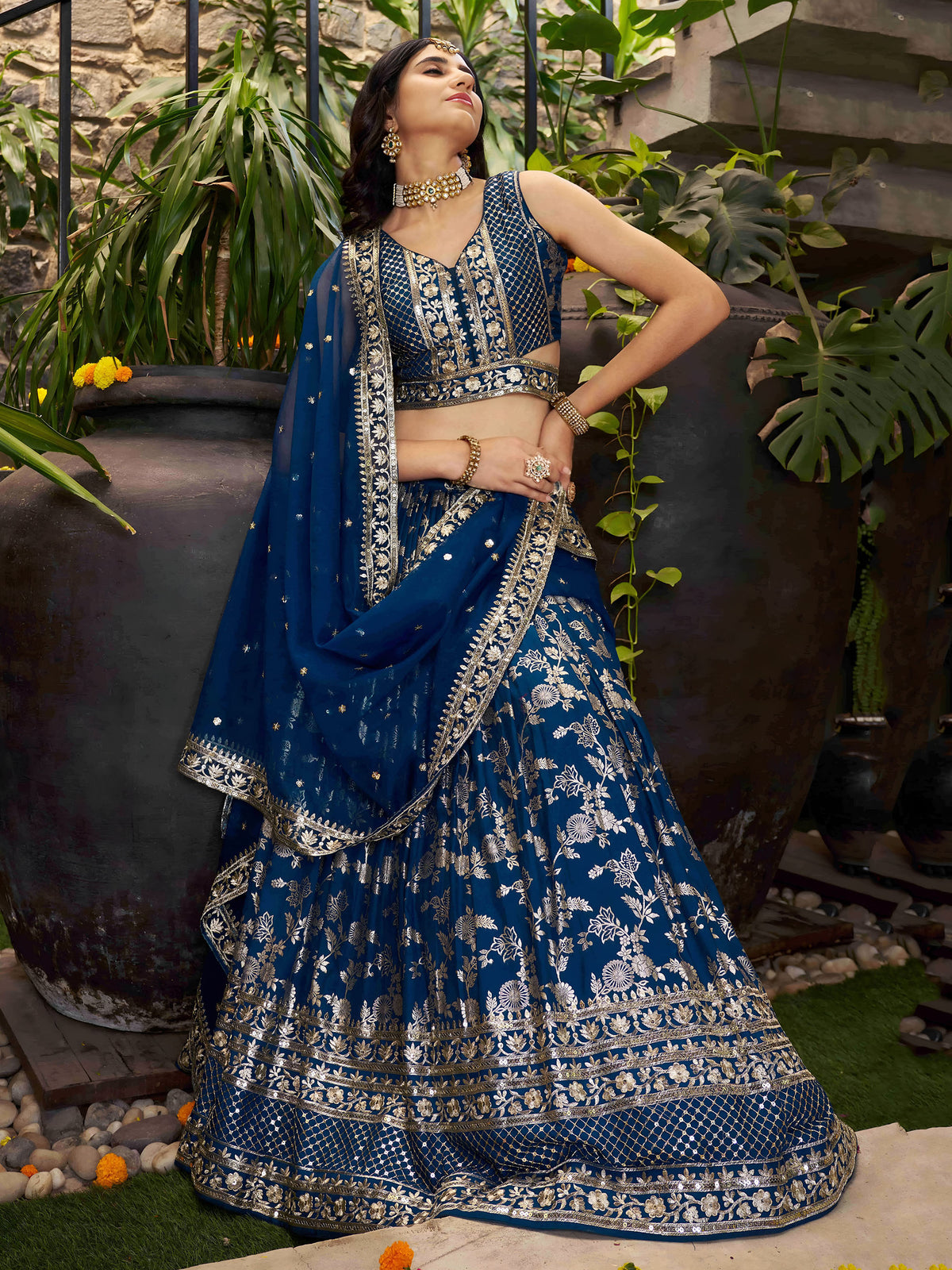 Blue Zari Embroidery Dola Silk & Jacquard Bridesmaid Lehenga Choli