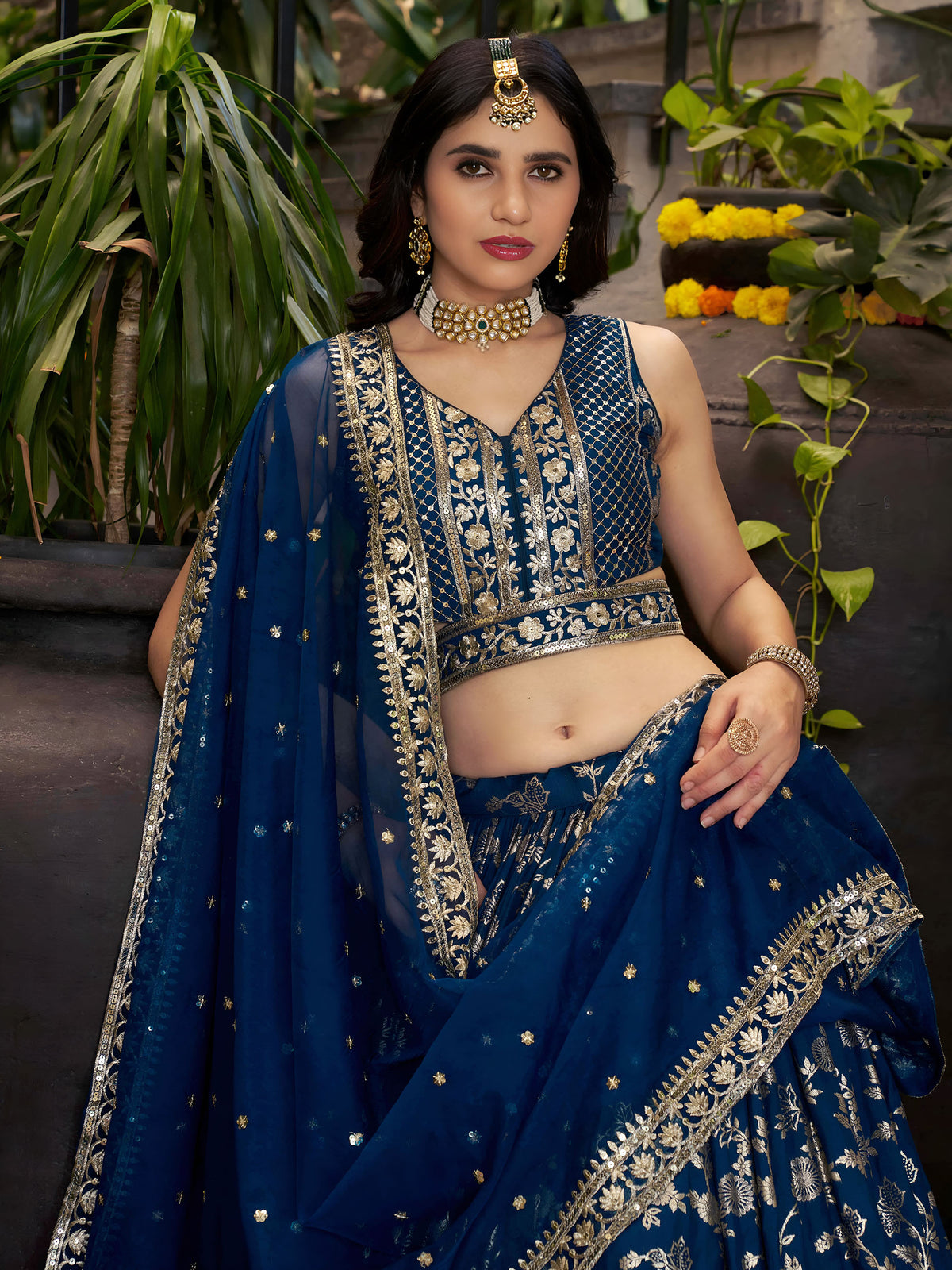 Blue Zari Embroidery Dola Silk & Jacquard Bridesmaid Lehenga Choli