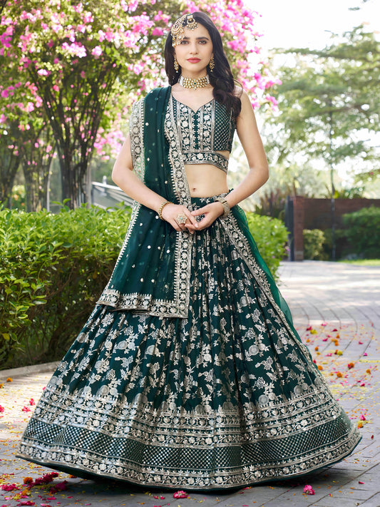 Green Zari Embroidery Dola Silk & Jacquard Mehendi Lehenga Choli