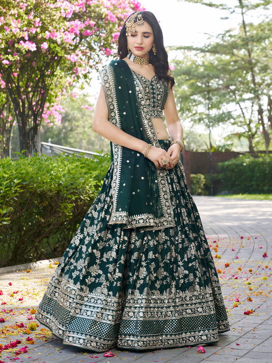 Green Zari Embroidery Dola Silk & Jacquard Mehendi Lehenga Choli