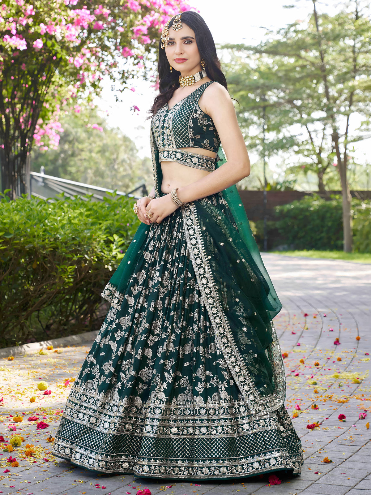Green Zari Embroidery Dola Silk & Jacquard Mehendi Lehenga Choli