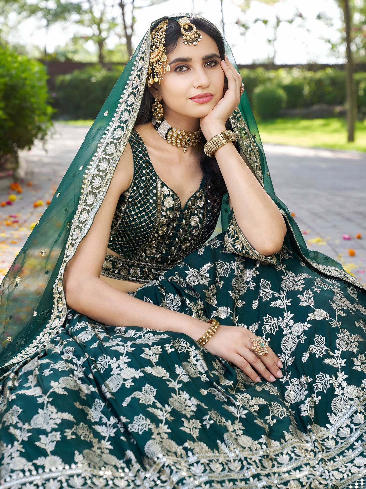 Green Zari Embroidery Dola Silk & Jacquard Mehendi Lehenga Choli