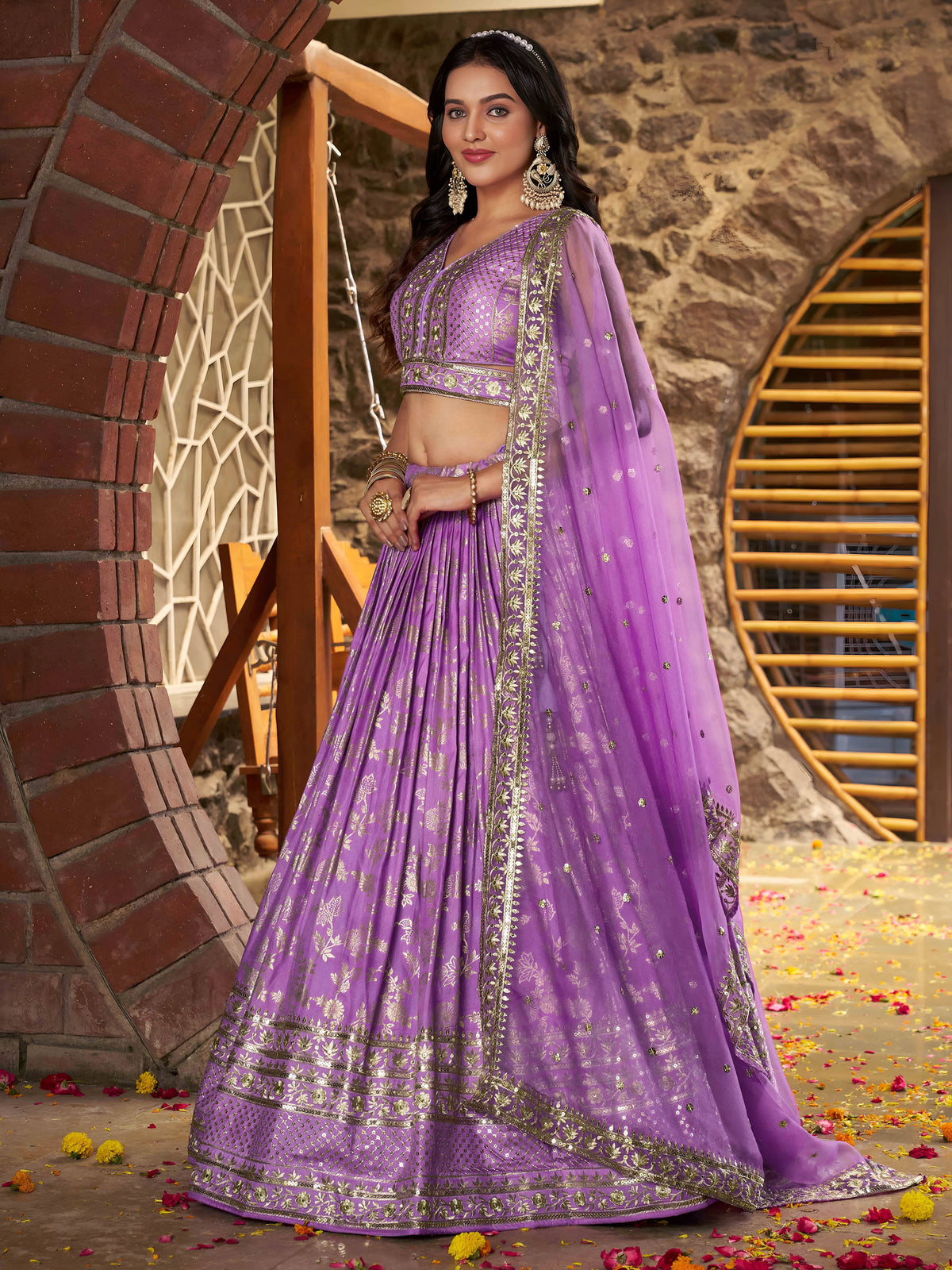 Lavender Zari Embroidery Dola Silk & Jacquard Bridesmaid Lehenga Choli