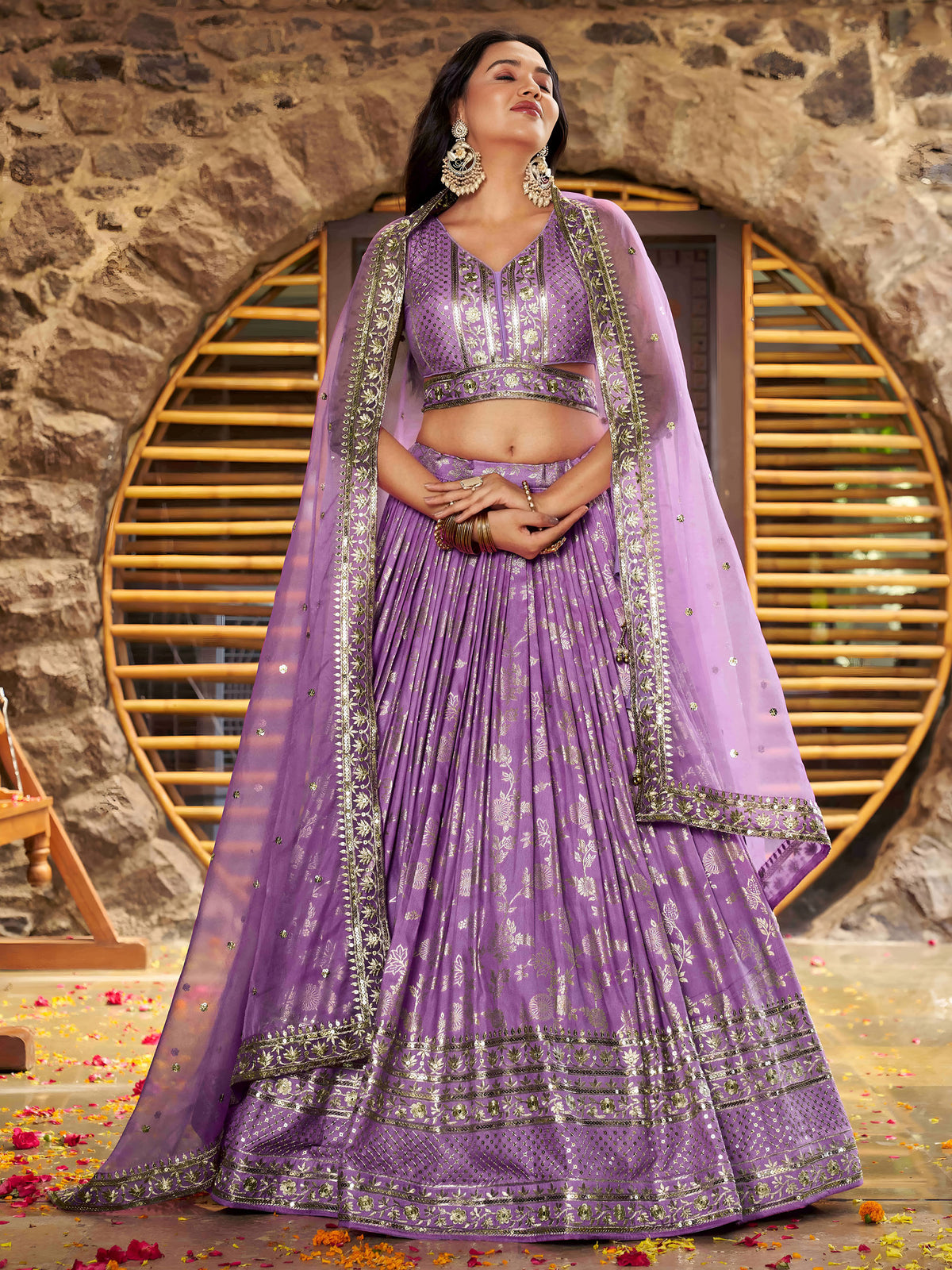 Lavender Zari Embroidery Dola Silk & Jacquard Bridesmaid Lehenga Choli