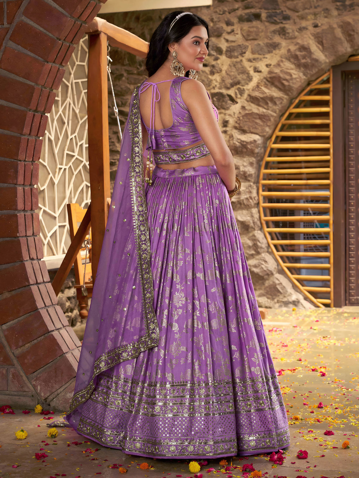 Lavender Zari Embroidery Dola Silk & Jacquard Bridesmaid Lehenga Choli