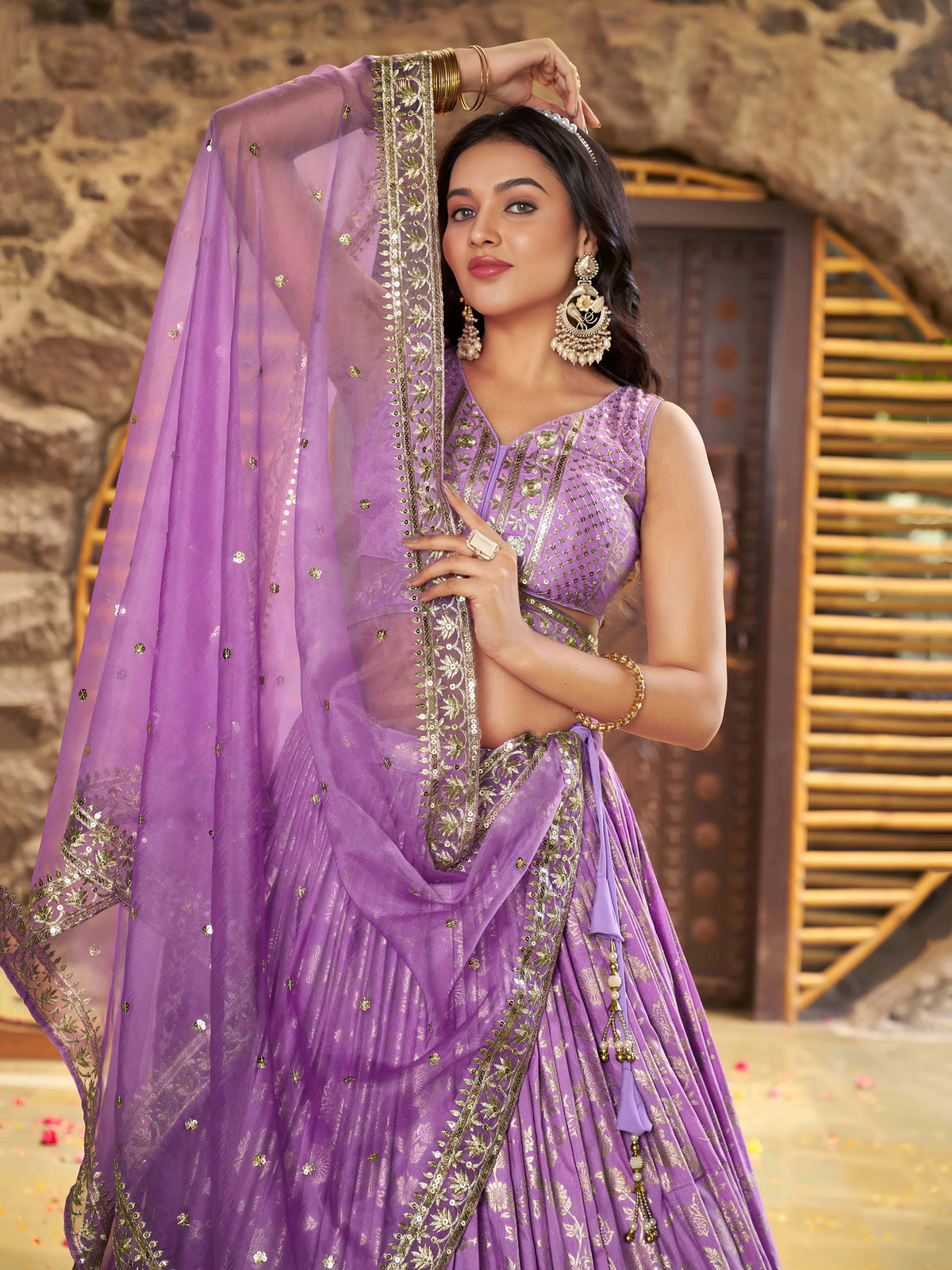 Lavender Zari Embroidery Dola Silk & Jacquard Bridesmaid Lehenga Choli