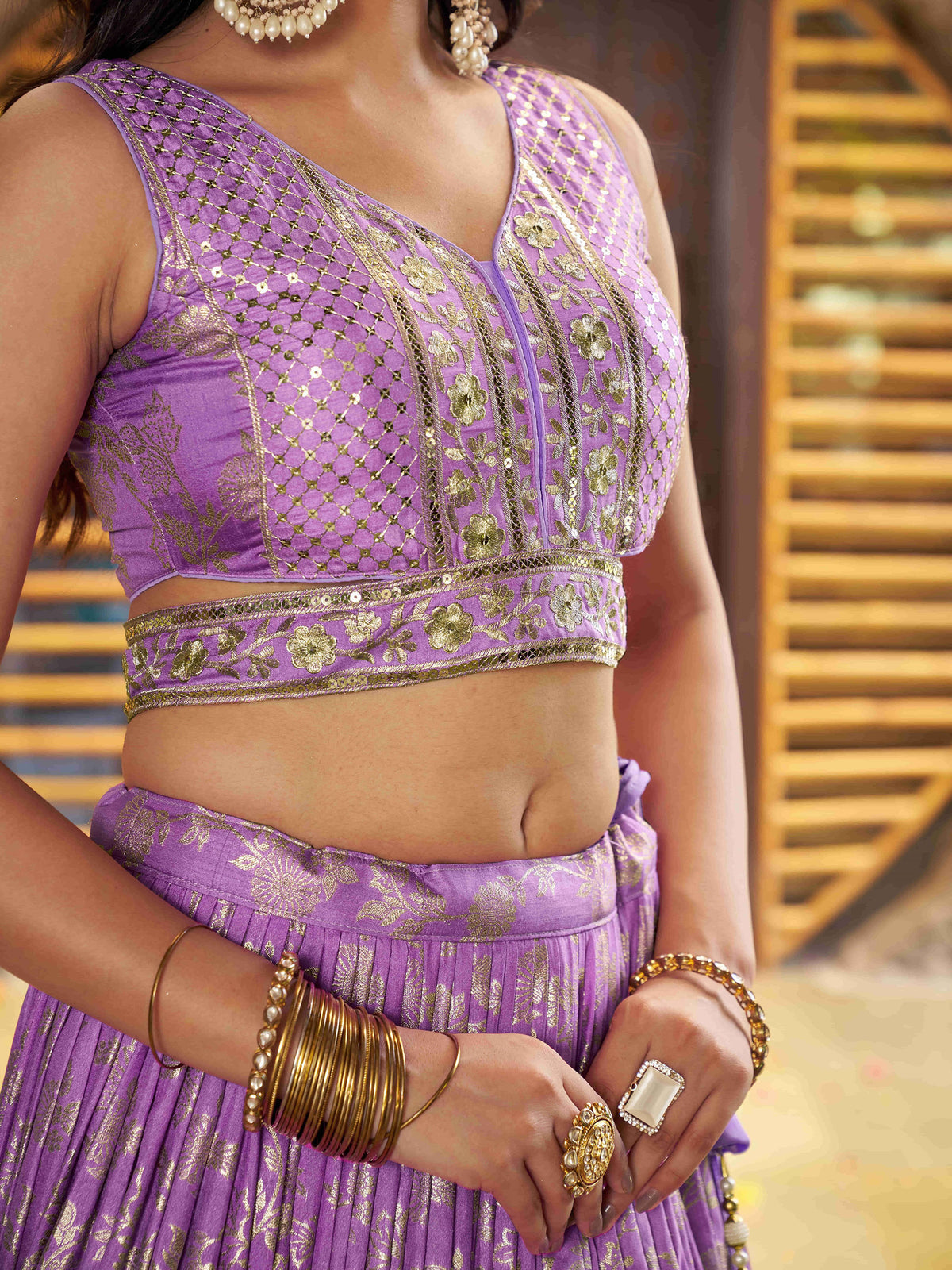Lavender Zari Embroidery Dola Silk & Jacquard Bridesmaid Lehenga Choli
