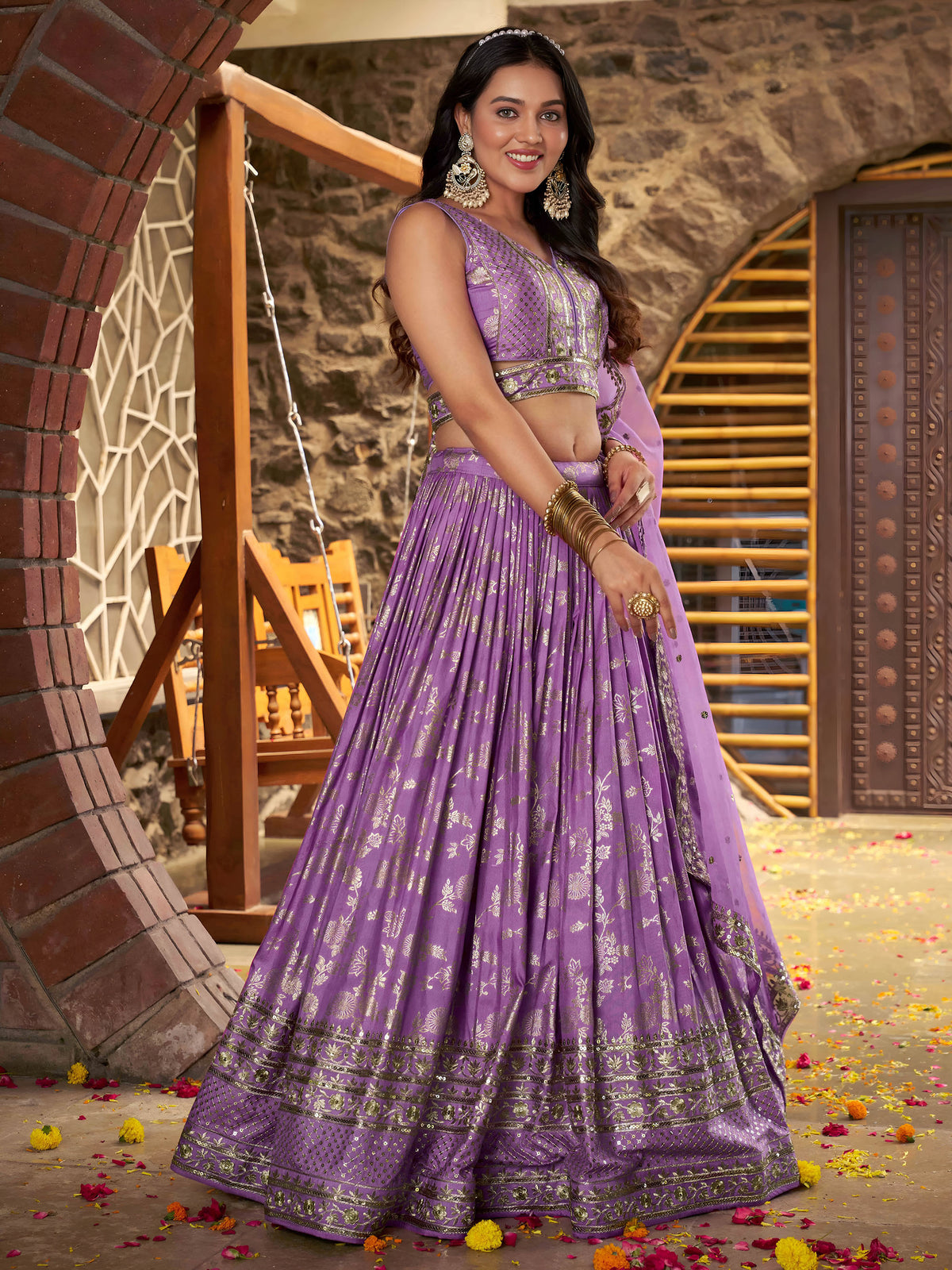 Lavender Zari Embroidery Dola Silk & Jacquard Bridesmaid Lehenga Choli