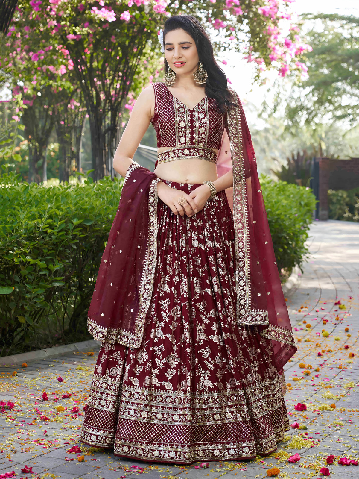 Maroon Zari Embroidery Dola Silk & Jacquard Wedding Guest Lehenga Choli