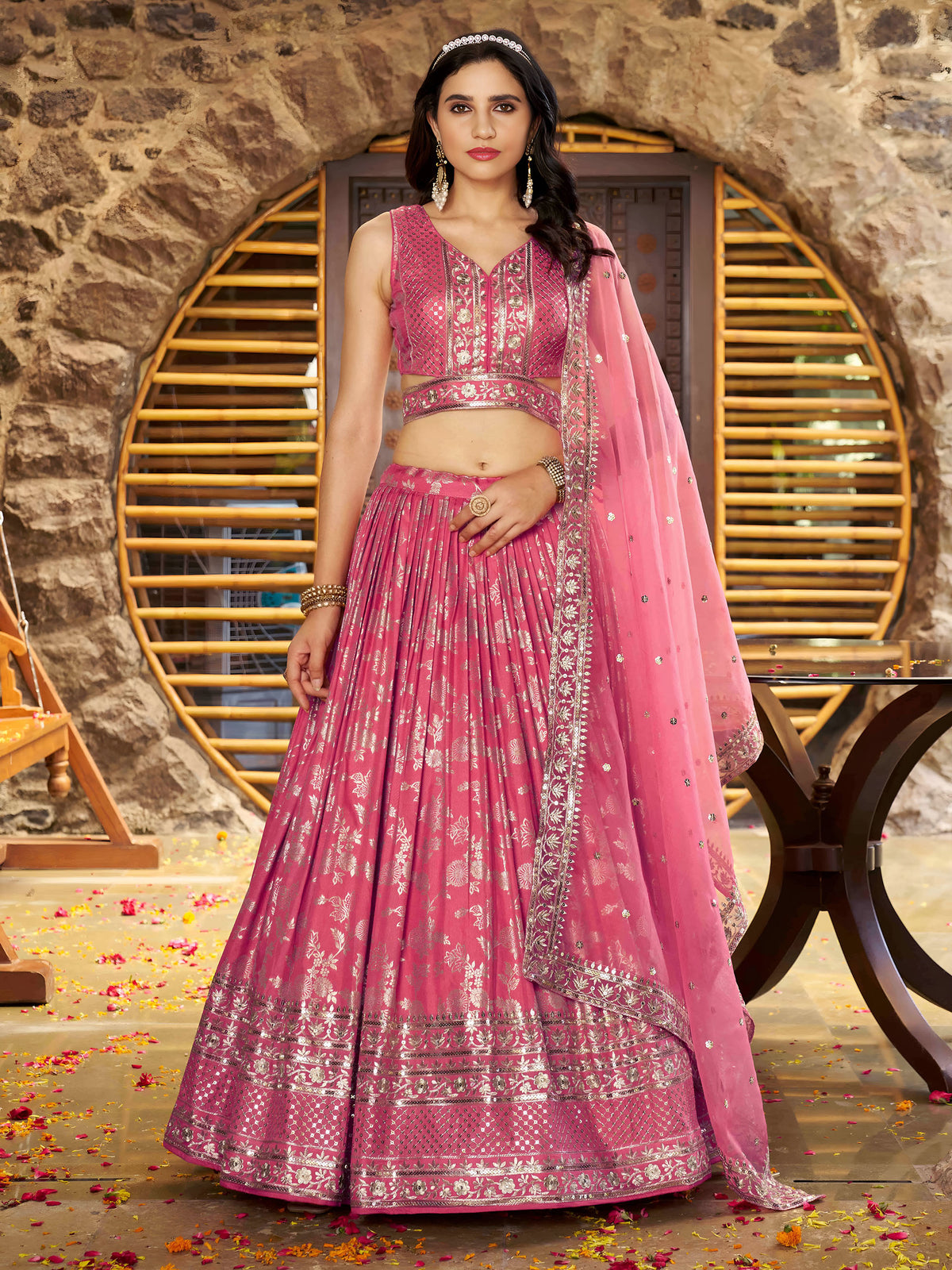 Peach Zari Embroidery Dola Silk & Jacquard Wedding Guest Lehenga Choli