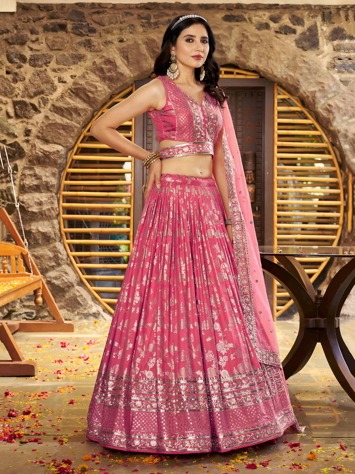 Peach Zari Embroidery Dola Silk & Jacquard Wedding Guest Lehenga Choli