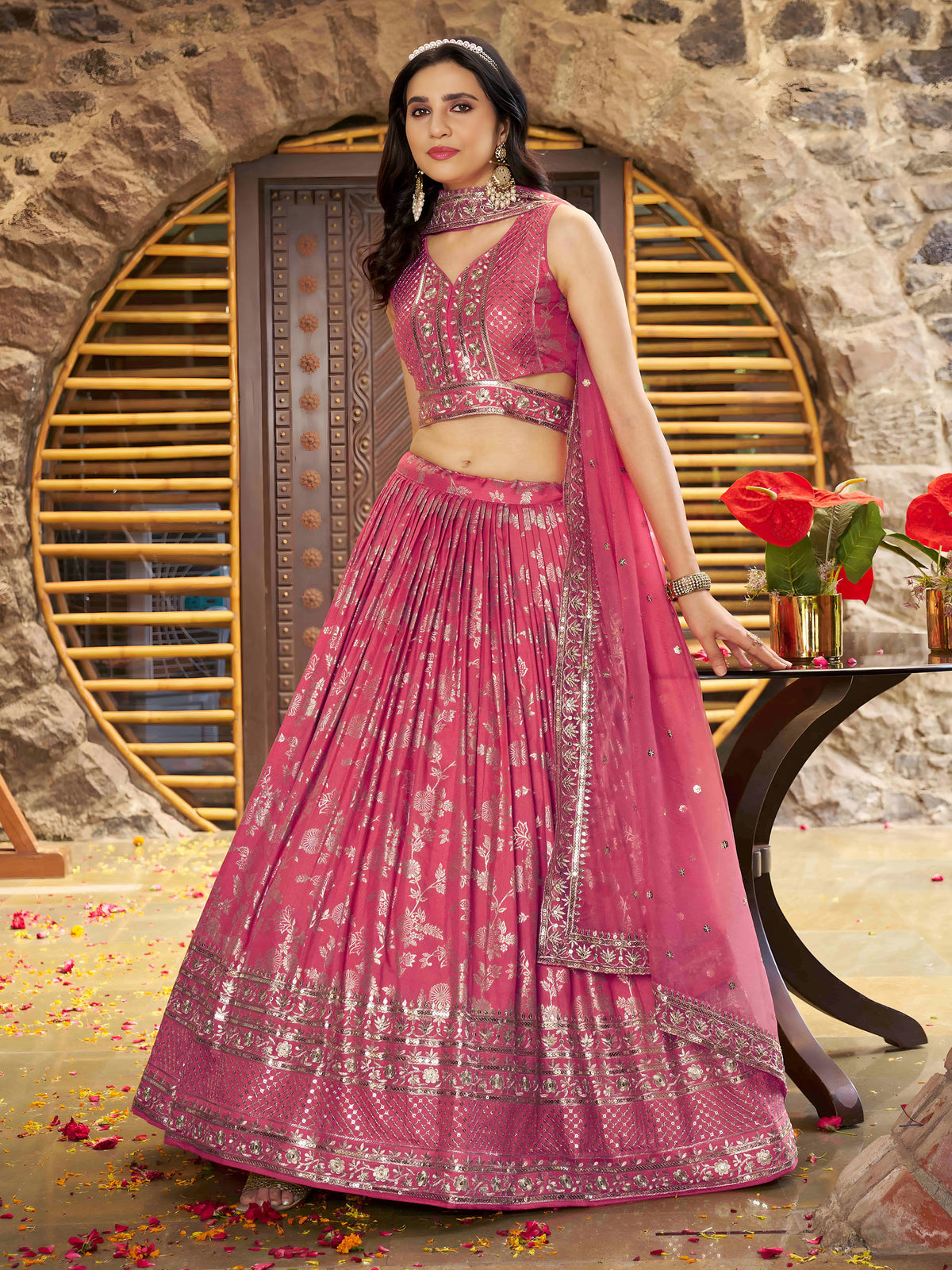 Peach Zari Embroidery Dola Silk & Jacquard Wedding Guest Lehenga Choli