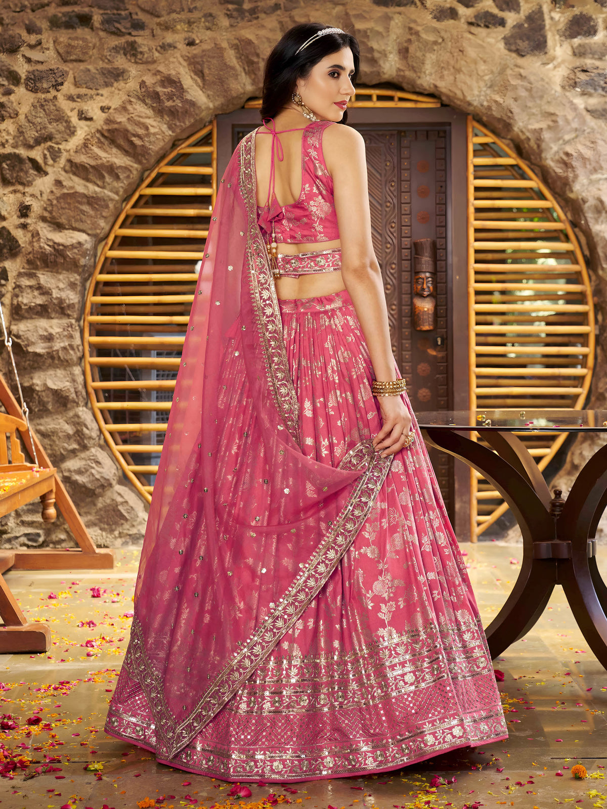 Peach Zari Embroidery Dola Silk & Jacquard Wedding Guest Lehenga Choli