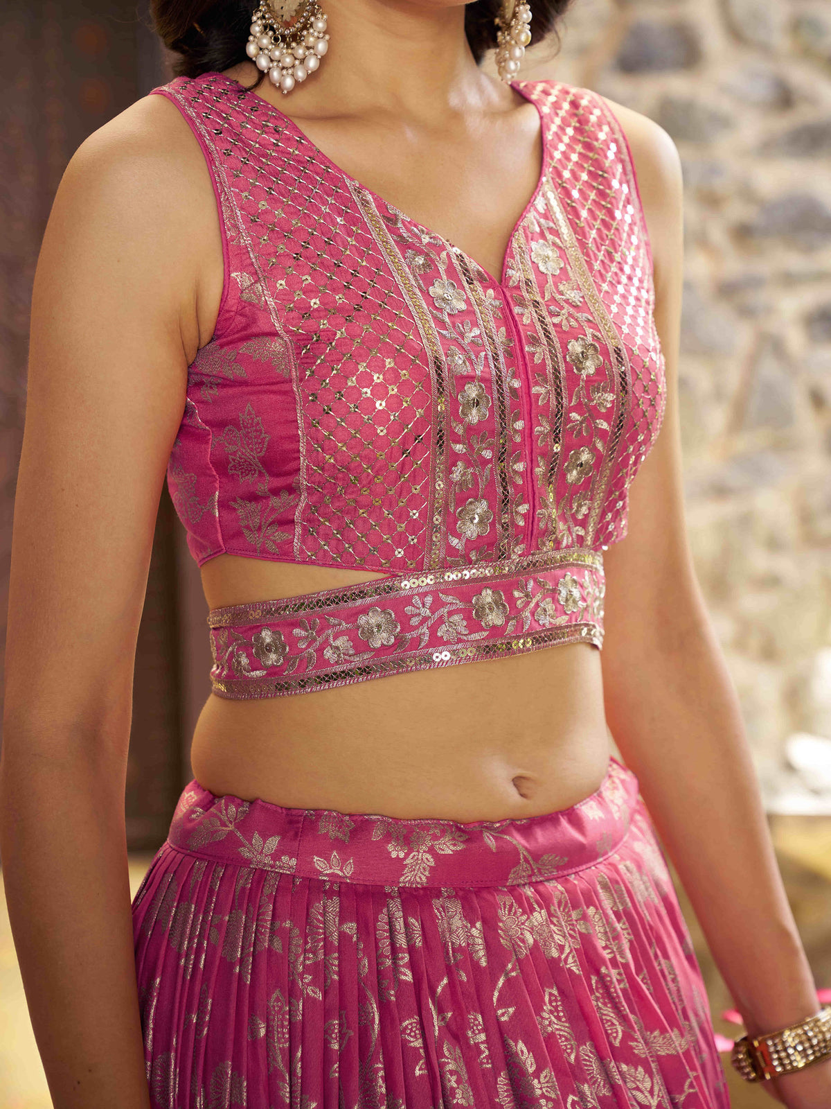 Peach Zari Embroidery Dola Silk & Jacquard Wedding Guest Lehenga Choli