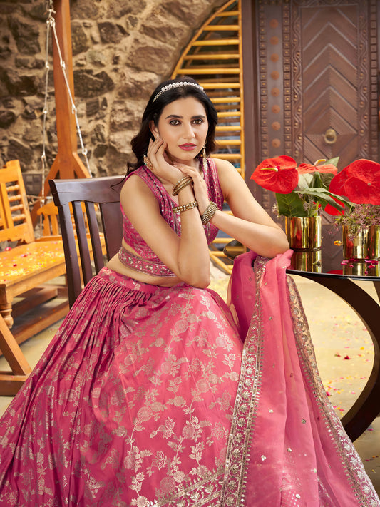 Peach Zari Embroidery Dola Silk & Jacquard Wedding Guest Lehenga Choli