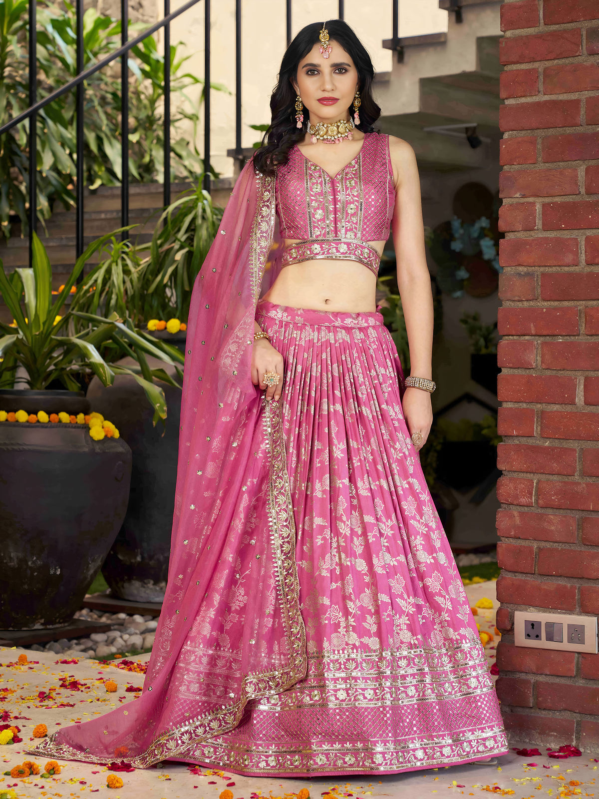 Pink Zari Embroidery Dola Silk & Jacquard Wedding Guest Lehenga Choli