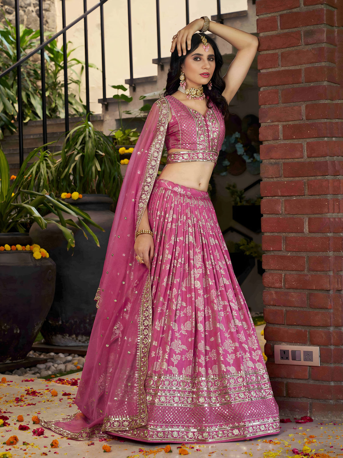 Pink Zari Embroidery Dola Silk & Jacquard Wedding Guest Lehenga Choli