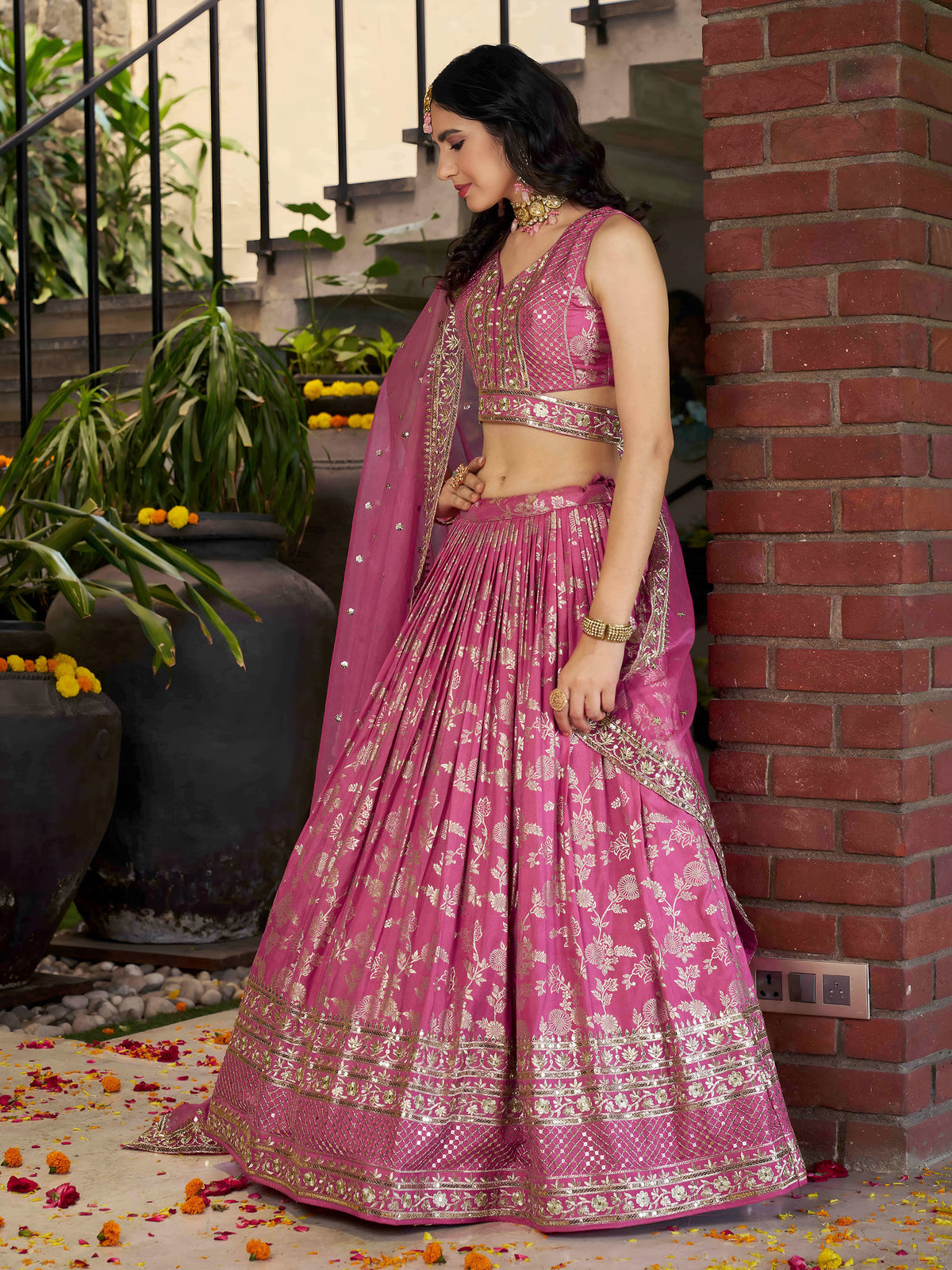 Pink Zari Embroidery Dola Silk & Jacquard Wedding Guest Lehenga Choli
