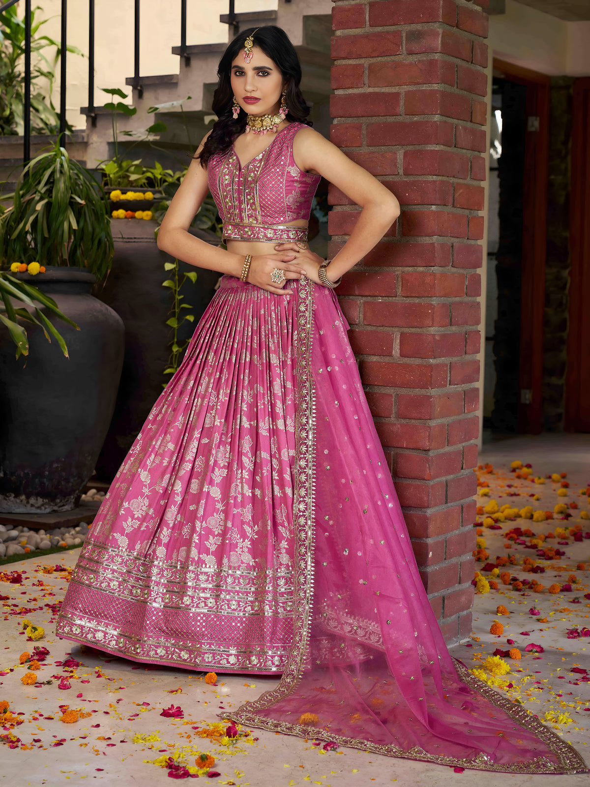 Pink Zari Embroidery Dola Silk & Jacquard Wedding Guest Lehenga Choli