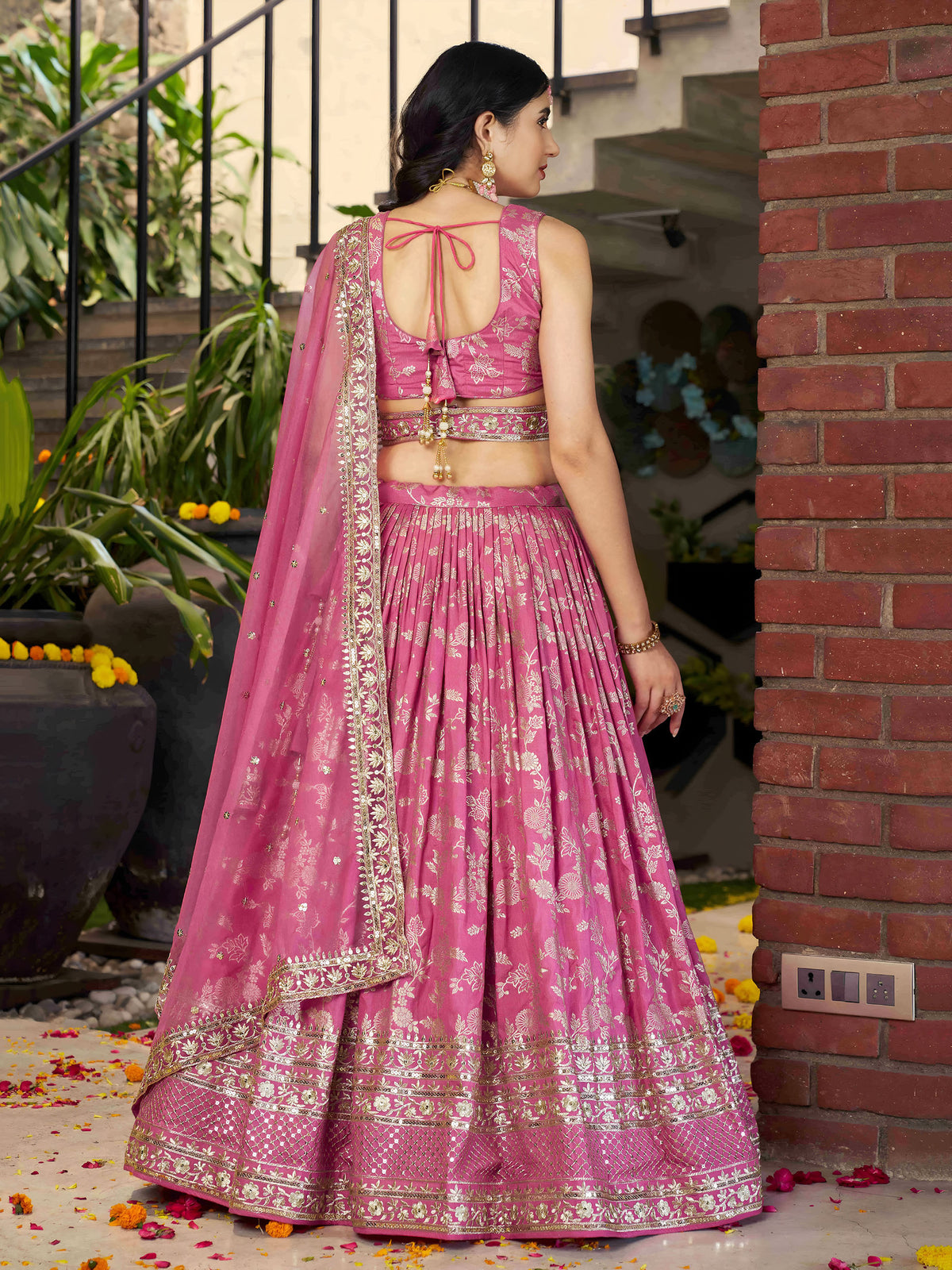 Pink Zari Embroidery Dola Silk & Jacquard Wedding Guest Lehenga Choli