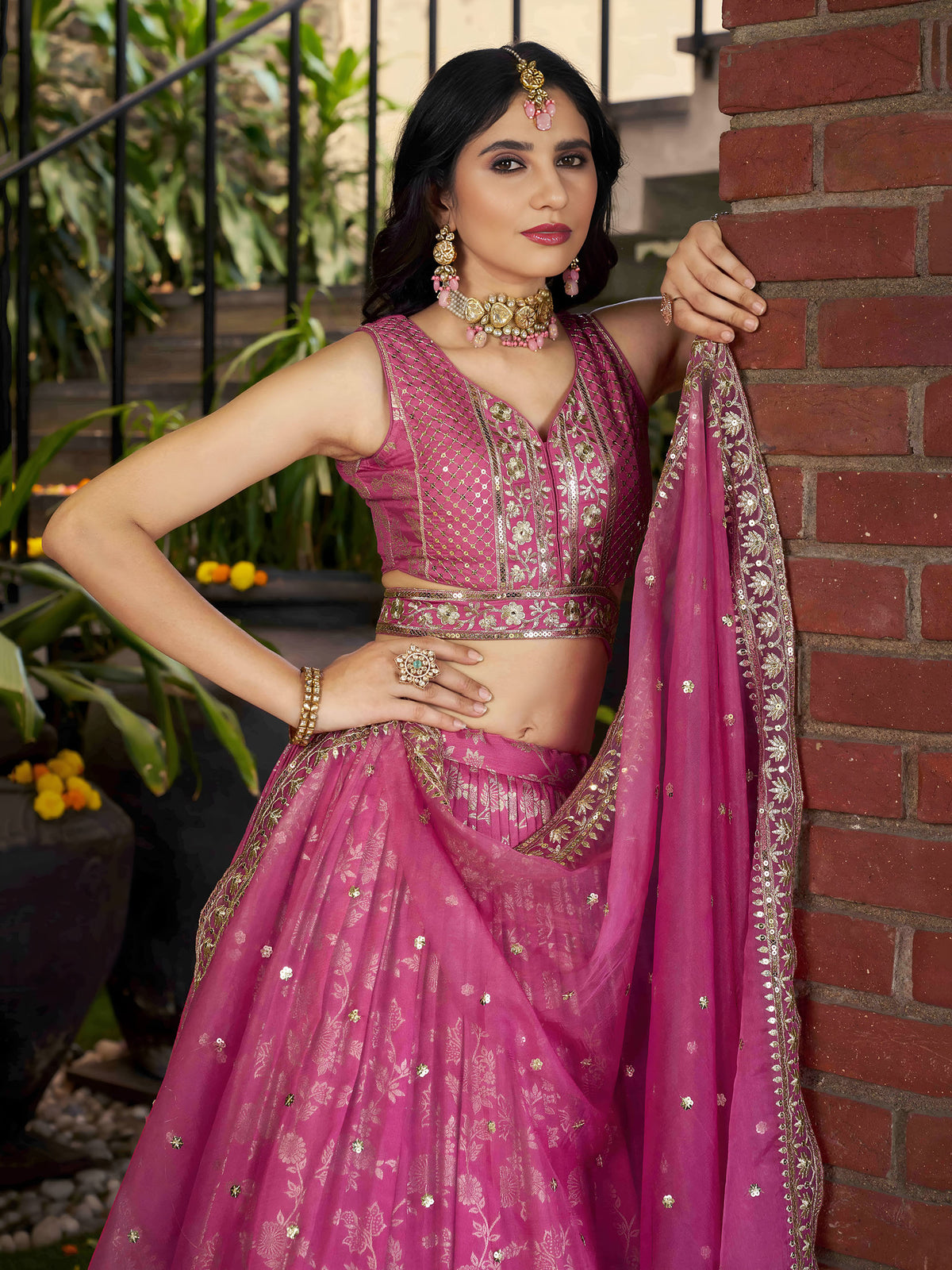 Pink Zari Embroidery Dola Silk & Jacquard Wedding Guest Lehenga Choli