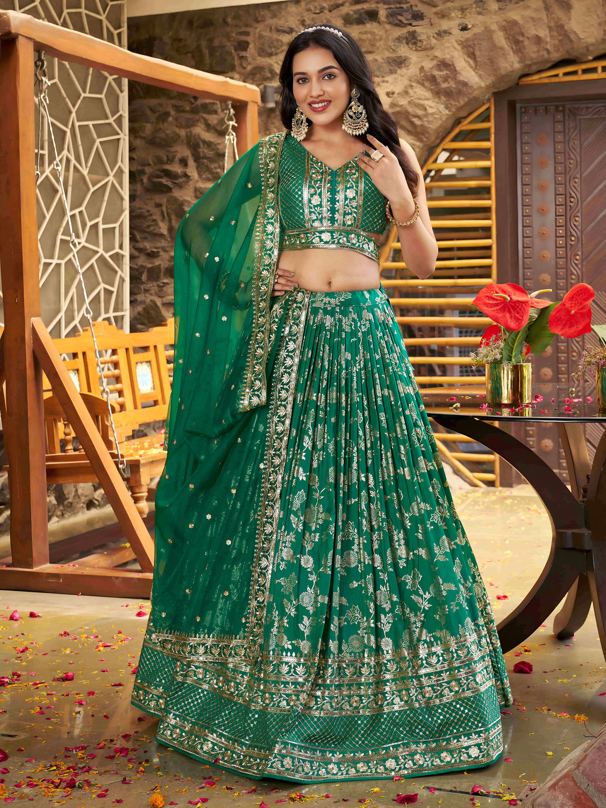 Rama Green Zari Embroidery Dola Silk & Jacquard Wedding Guest Lehenga for Mehendi