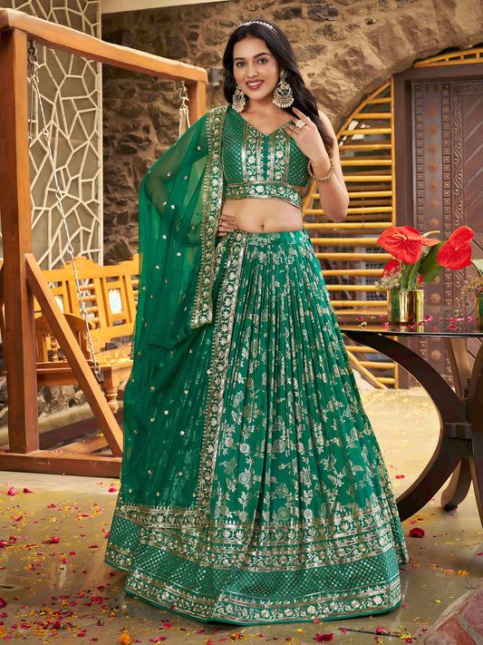 Rama Green Zari Embroidery Dola Silk & Jacquard Wedding Guest Lehenga for Mehendi