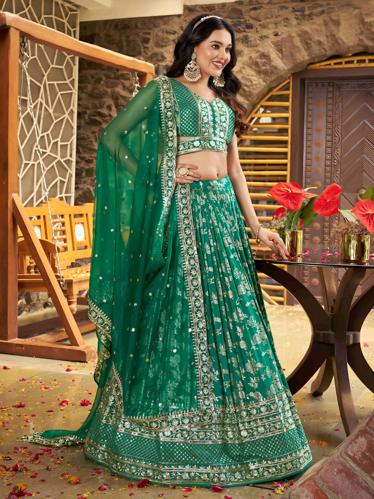 Rama Green Zari Embroidery Dola Silk & Jacquard Wedding Guest Lehenga for Mehendi