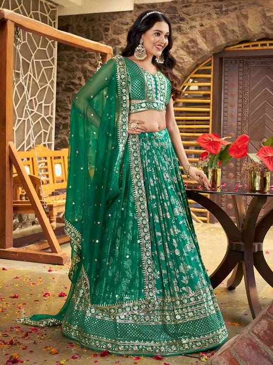 Rama Green Zari Embroidery Dola Silk & Jacquard Wedding Guest Lehenga for Mehendi