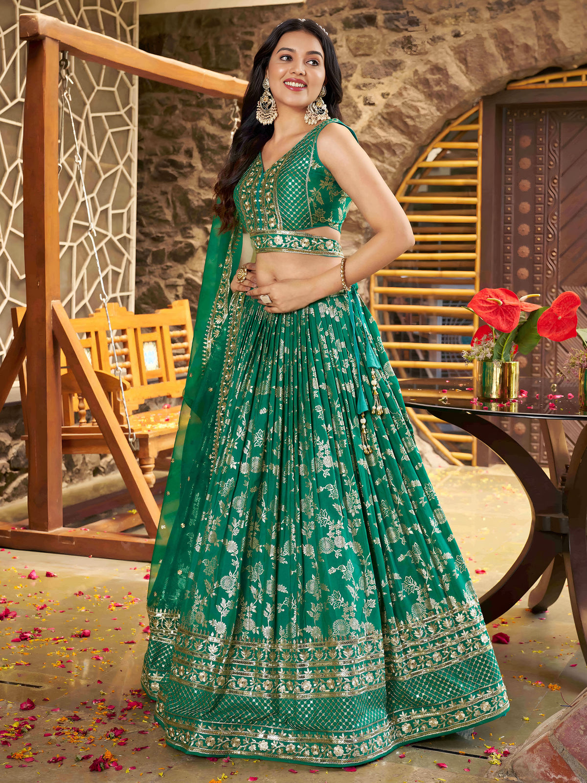 Rama Green Zari Embroidery Dola Silk & Jacquard Wedding Guest Lehenga for Mehendi