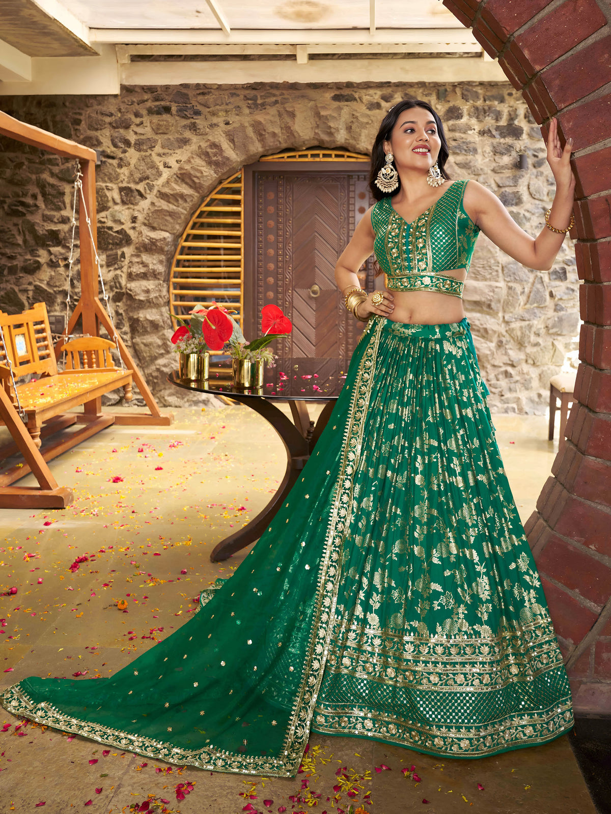 Rama Green Zari Embroidery Dola Silk & Jacquard Wedding Guest Lehenga for Mehendi