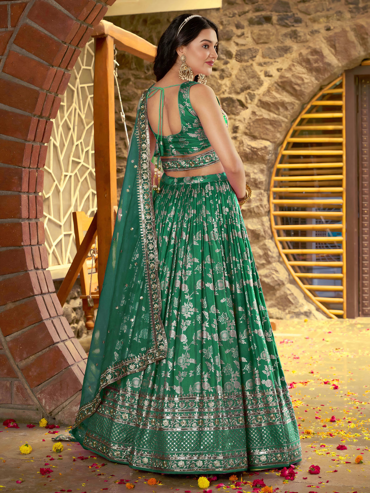 Rama Green Zari Embroidery Dola Silk & Jacquard Wedding Guest Lehenga for Mehendi