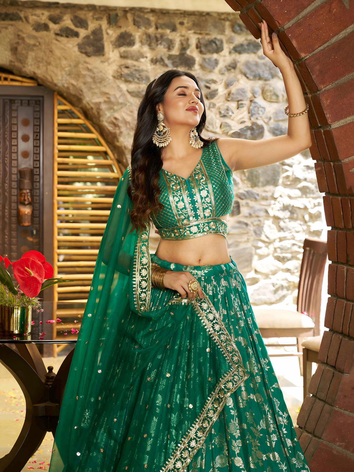Rama Green Zari Embroidery Dola Silk & Jacquard Wedding Guest Lehenga for Mehendi
