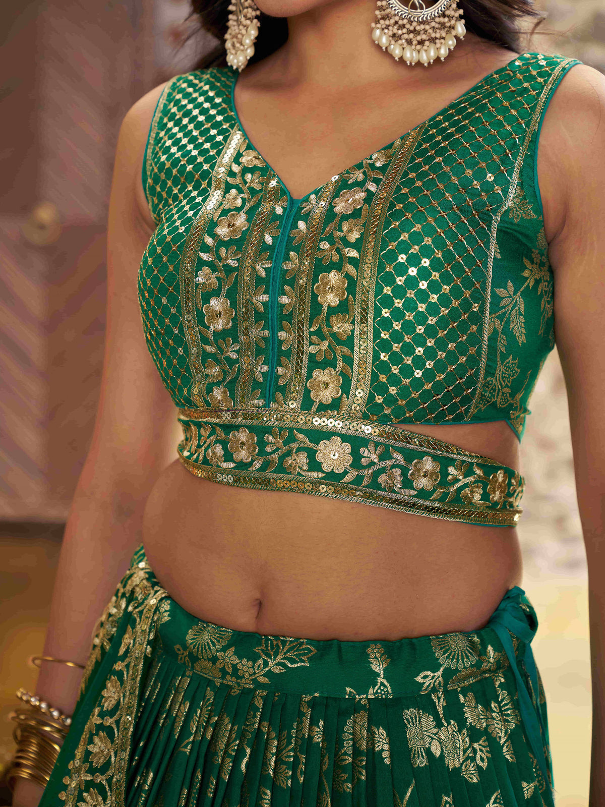 Rama Green Zari Embroidery Dola Silk & Jacquard Wedding Guest Lehenga for Mehendi