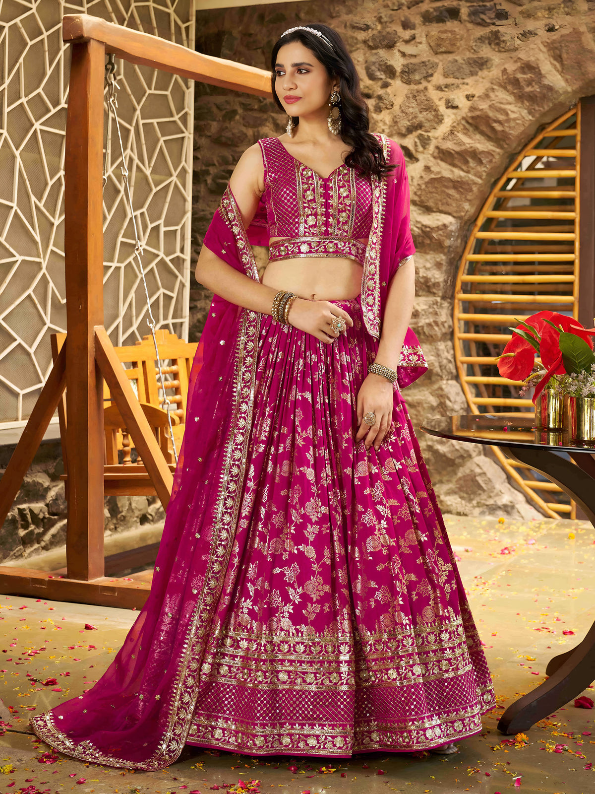 Rani Pink Zari Embroidery Dola Silk & Jacquard Festive Lehenga