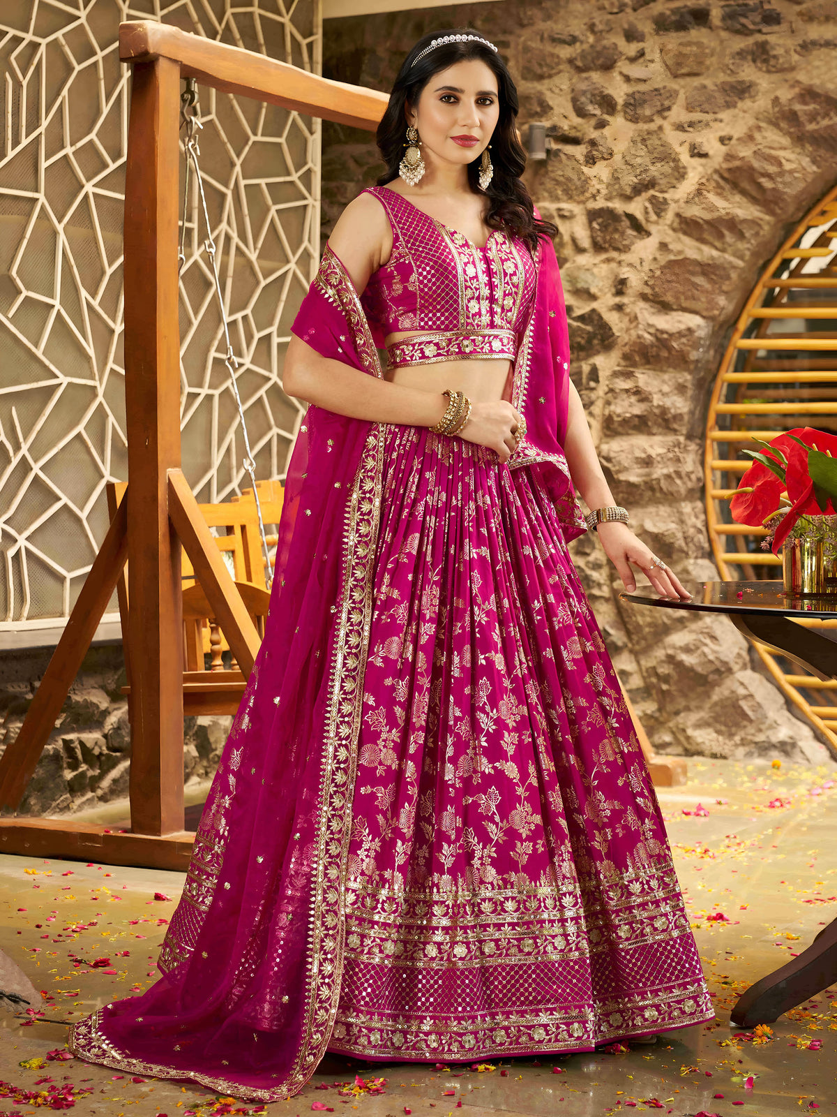 Rani Pink Zari Embroidery Dola Silk & Jacquard Festive Lehenga