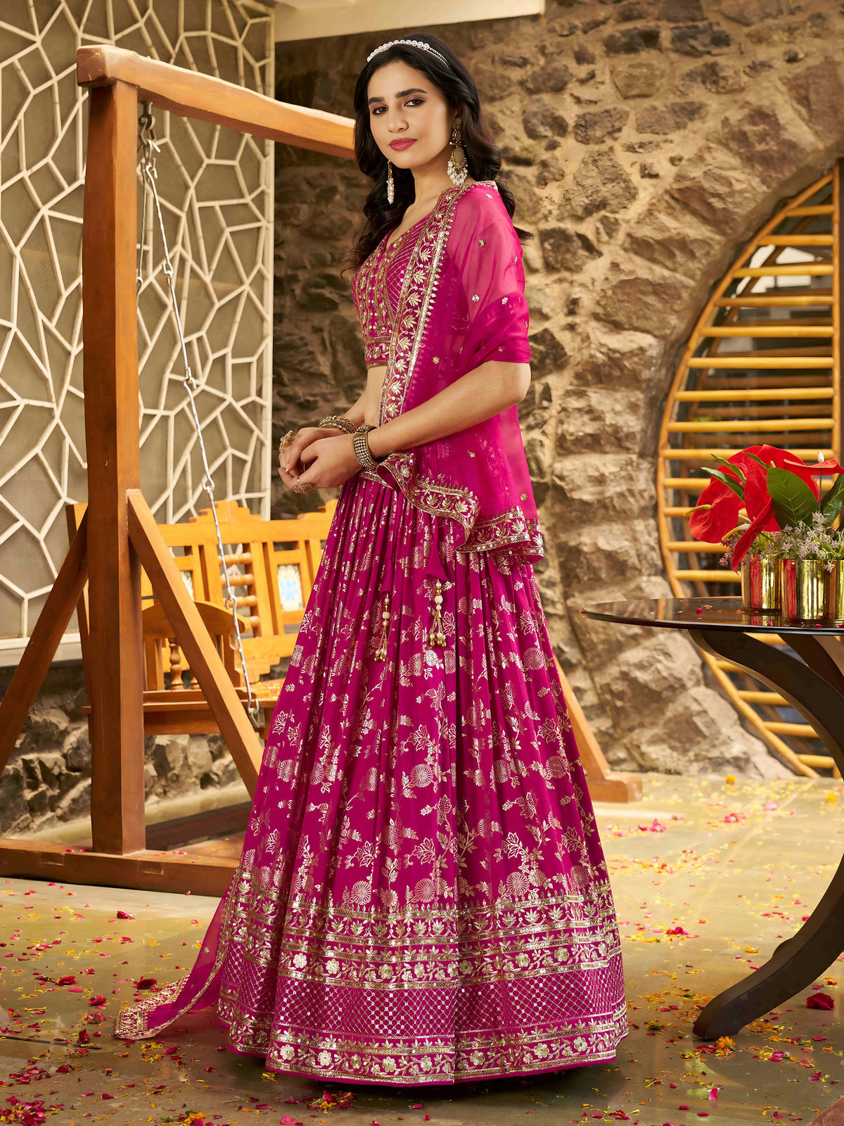 Rani Pink Zari Embroidery Dola Silk & Jacquard Festive Lehenga